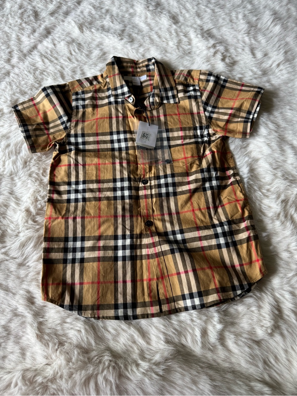 Burberry Tan Plaid Short-Sleeve Button-Down Shirt